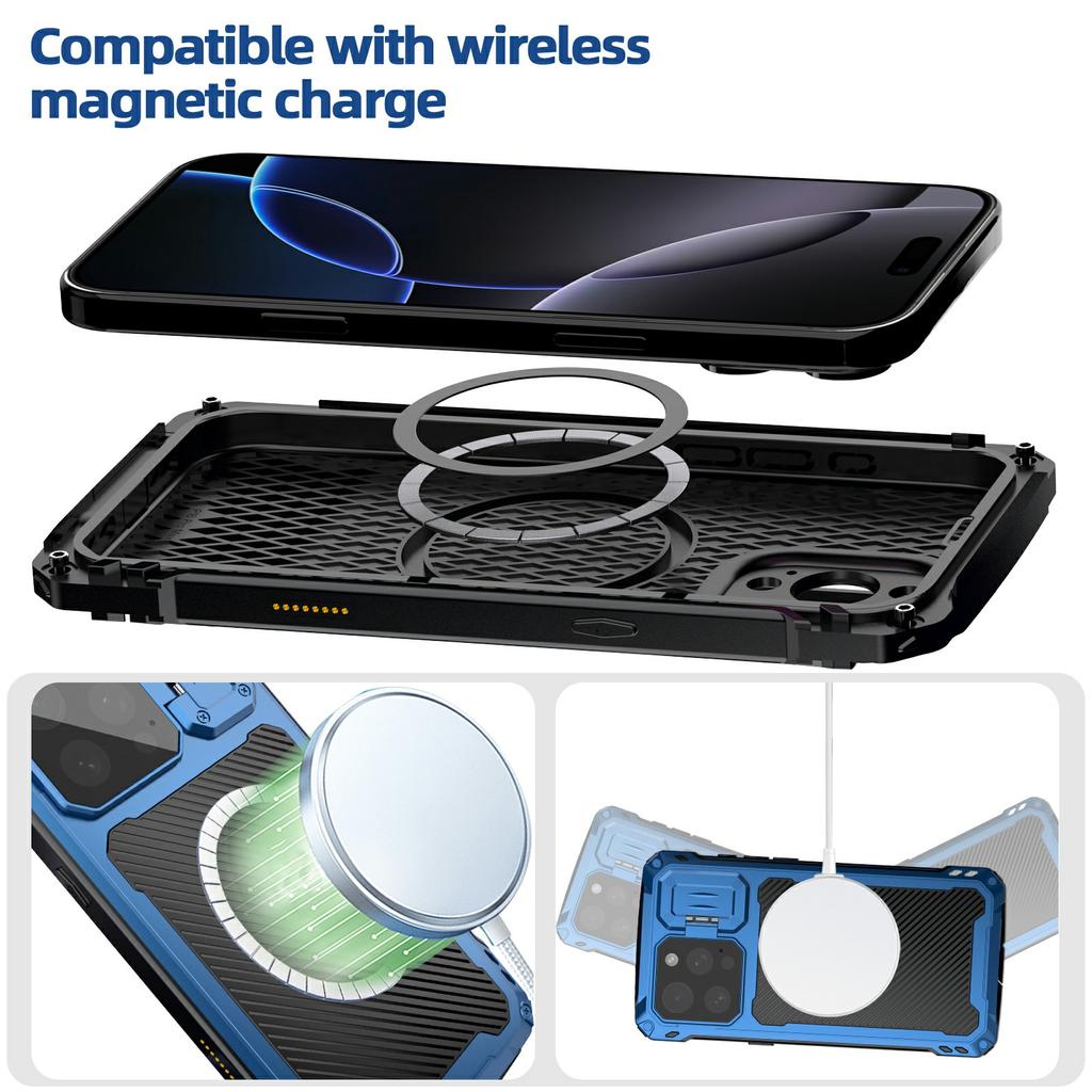 For iPhone 16 Pro Max Case Aluminum Alloy+Silicone Lens Kickstand Phone Cover with Tempered Glass Film
