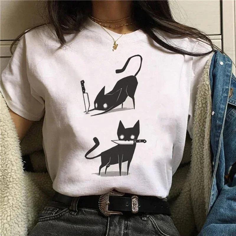 Kawaii Women's Sweet 90s Women's Cartoon Cat Summer Fashion Print Short-sleeved Cute Clothes Tops T-shirts T-shirts