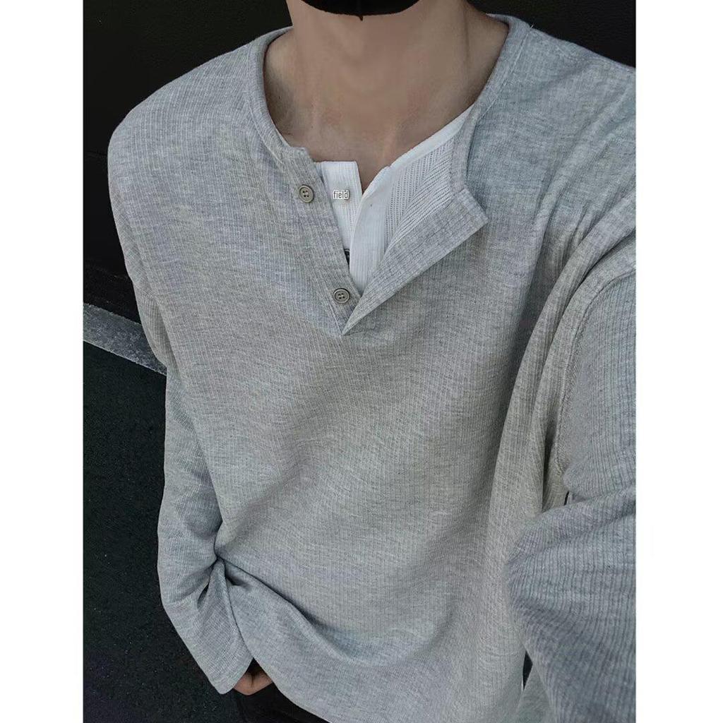 Men's Autumn Korean Style Slim-Fit Henley Long-Sleeve T-Shirt