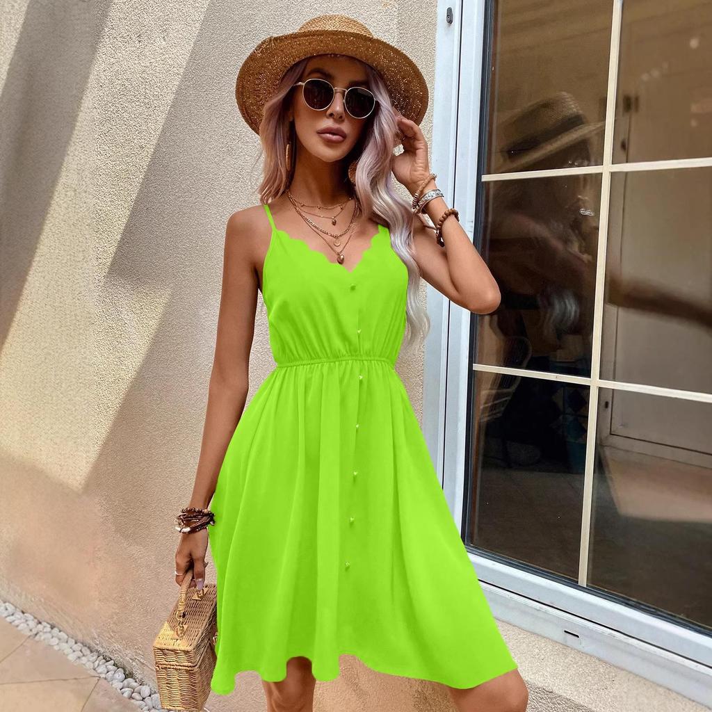 2026 V-neck Faux Button Spaghetti Strap Dress - Women's European & American Style with Lace Detailing, Comfortable & Casual