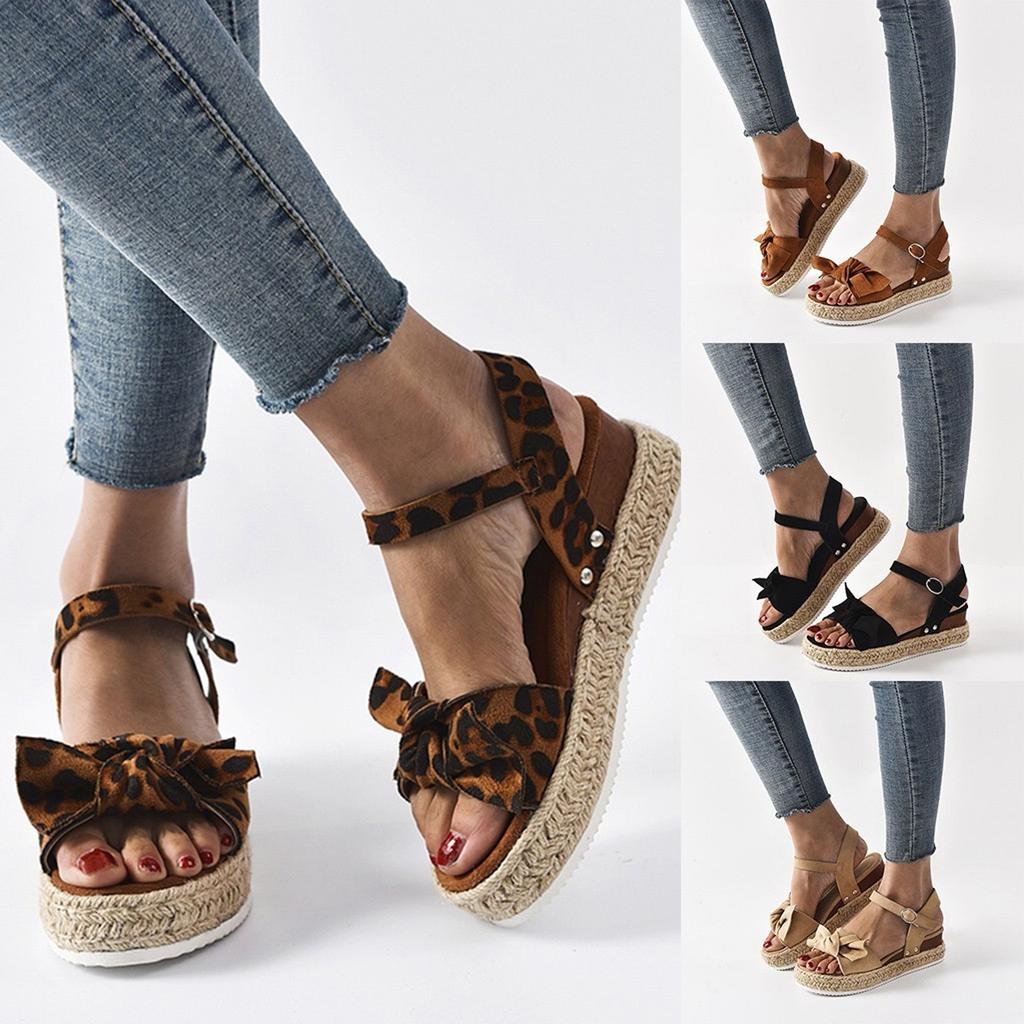 Women's Ladies Fashion Solid Leopard Wedges Bowknot Sandals Casual Shoes