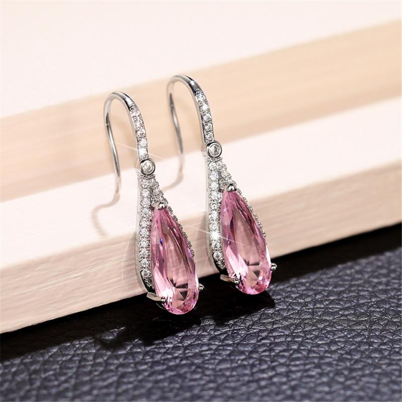 Luxury Copper Color Metal Inlaid Pink Zircon Earrings for Women Exquisite Fashion Engagement Wedding Dangle Earrings Jewelry