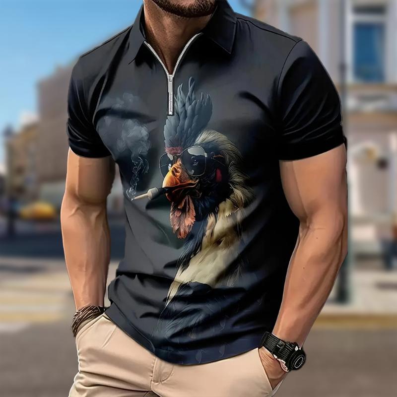 Men's Shirt Polo Casual Zip Short Sleeve Fashion Casual Zipper Summer Spring Regular Fit Parrots&Dragons&Eagles 3D Print Shirt