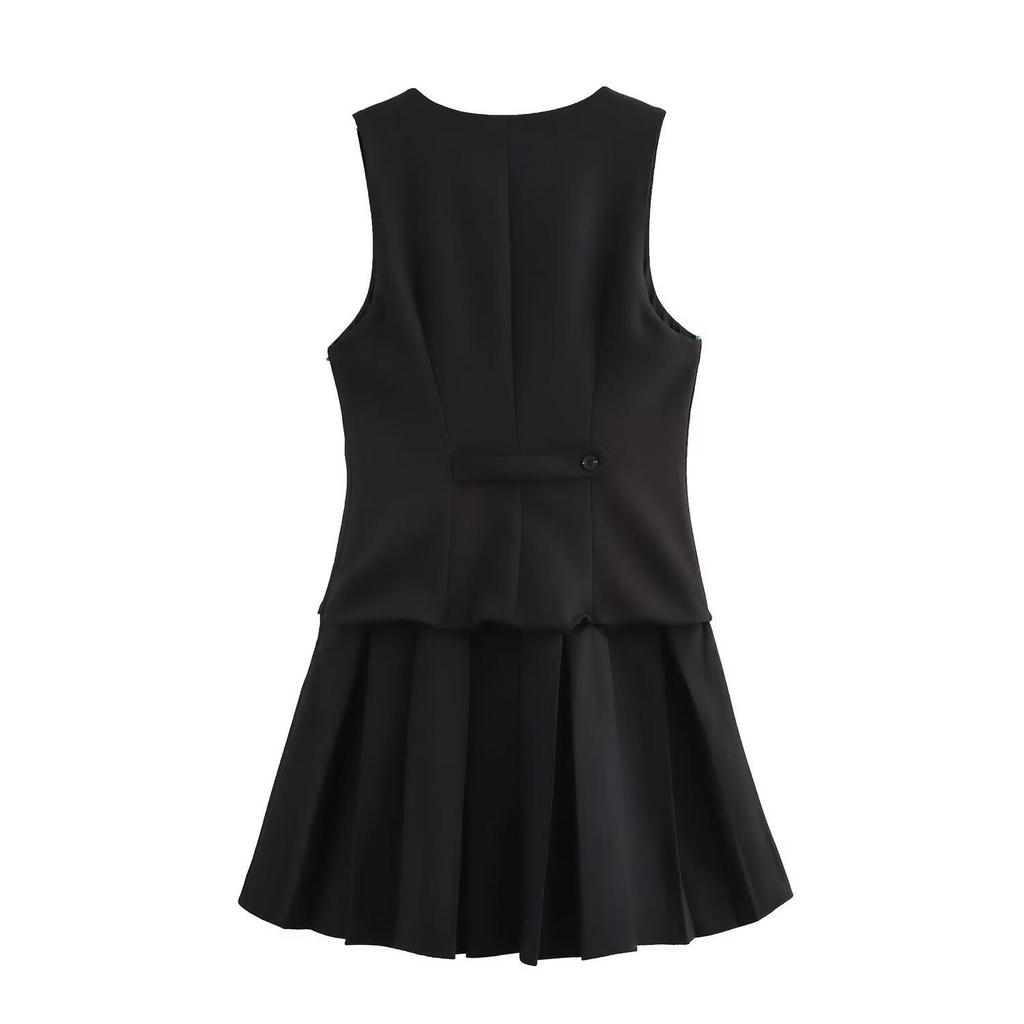 2024 Autumn Women's European & American Style Pleated Striped Vest Dress