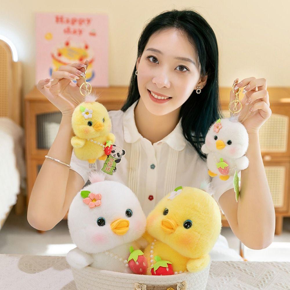 3d Eyes Pressing Music Duck Plush Toy Strawberry Hanging Bag Yellow Duck Plush Doll  Children