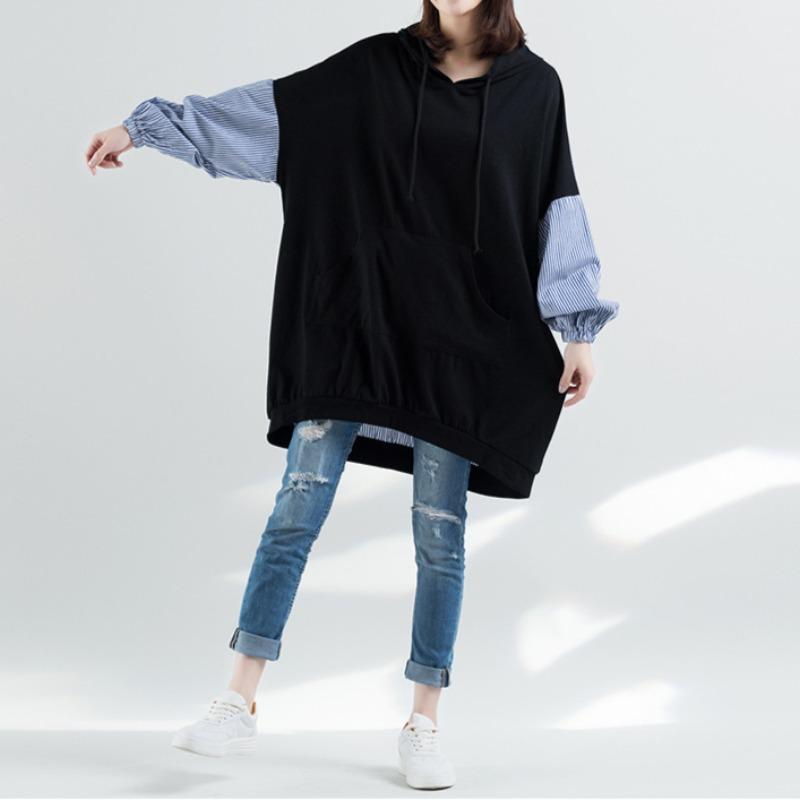 Large Size Women's Top Fashion Artistic Stripes Loose Autumn Casual Long Sleeved Hooded Sweatshirt