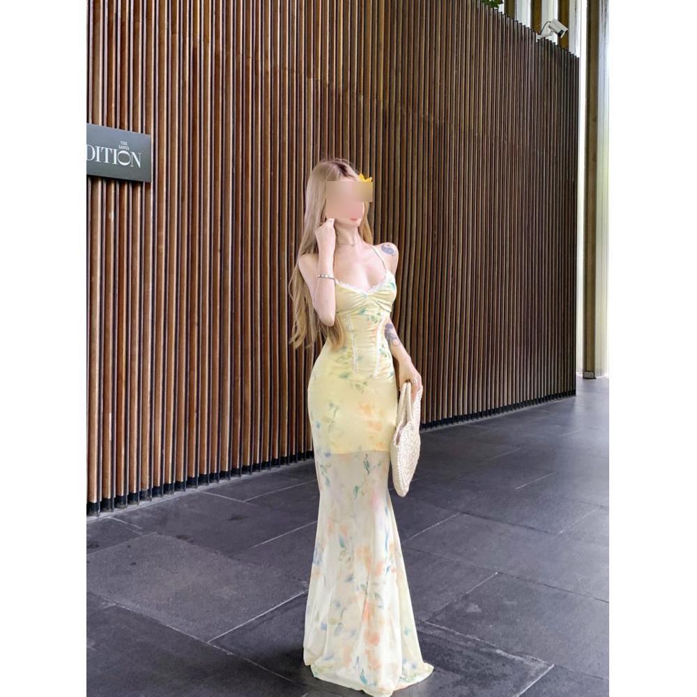 Elegant vacation V-neck chest fishbone waist double-layer mesh slightly transparent floral tether suspender hip dress