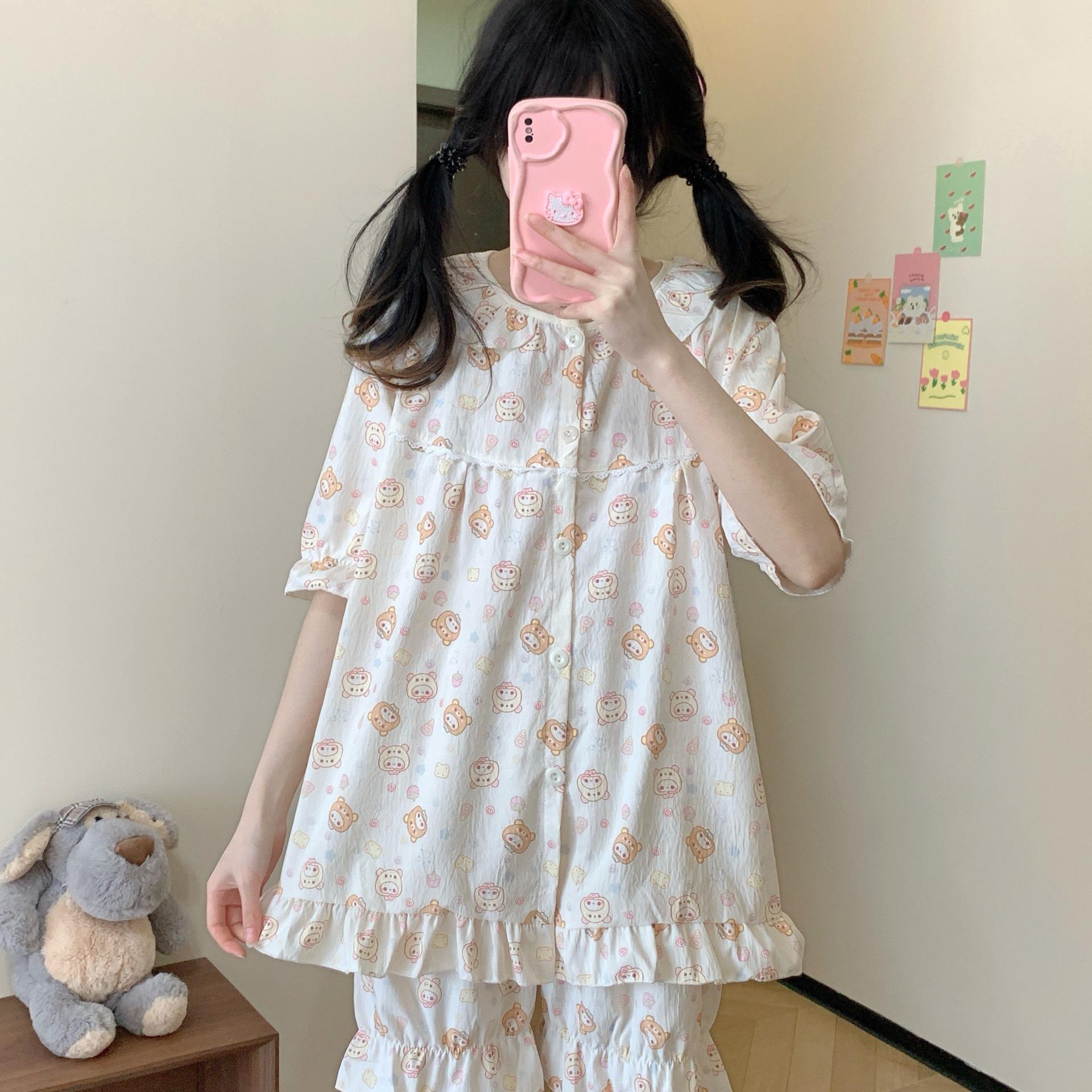 

Trojan horse bunny pajamas women s summer new plaid short-sleeved Japanese cute student homewear suit can be worn outside 2xl [recommended weight 136-150]