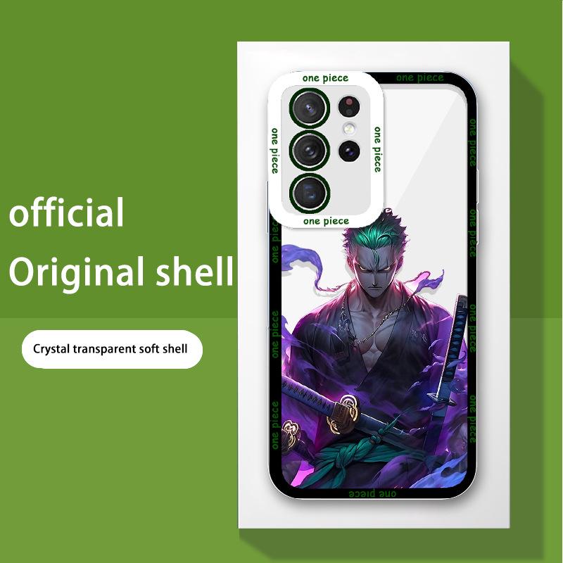 Anime Transparent Phone Case for Samsung S22, A32, M11 Featuring Luffy, Zoro, Goku, and Dragon Ball Characters.