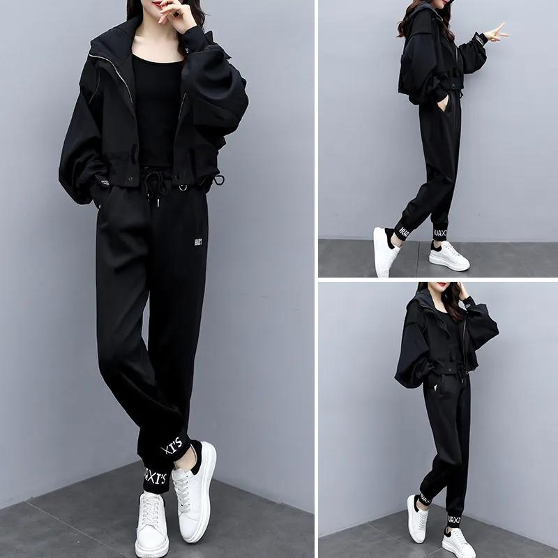Women's Spring and Autumn Color Blocking Casual Suit Hooded Jacket + Pants Sports Aging Two Piece Set