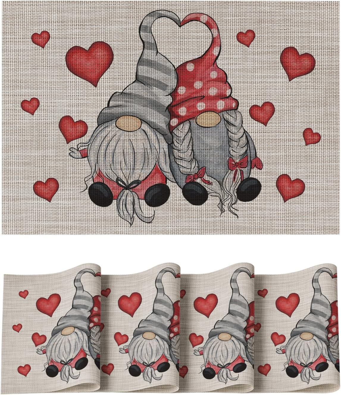 

Couple Gnomes Hearts Vinyl Valentines Placemats Set of 4, 12x18 Inch Washable Heat Resistant Plastic Place Mats for Party Dining Table Decor 4pcs-12x18