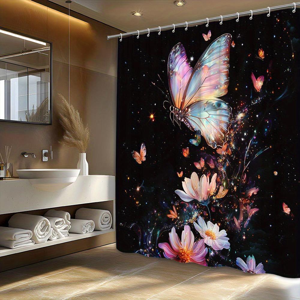 Luminous Butterfly & Floral Shower Curtain -Vibrant Digital Art,Iridescent Butterfly,Starry Backdrop,Ideal for Modern Bath Decor W90xH180cm