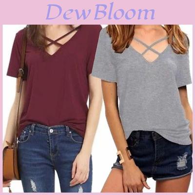 Stylish Loose Fit V-neck Short Sleeve Cotton T-shirt For Women Plus Size
