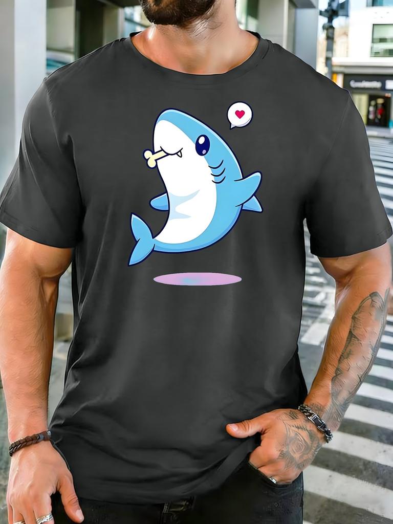 Unisex Crew Neck Tee Lovely Cartoon Shark Heart Eleunisext Print Short Sleeve Top Summer Daily Outdoor Loose Soft Casual Basic Wear