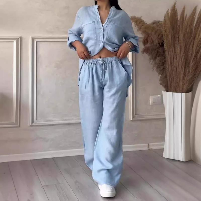 2026 Women's Solid Color Long-Sleeve Shirt & Wide-Leg Pants Set