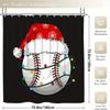 Baseball-Themed Christmas Shower Curtain Set With 12 Hooks - Polyester, Non-Slip Bath Mat, U-Shaped Toilet Mat & Lid Cover