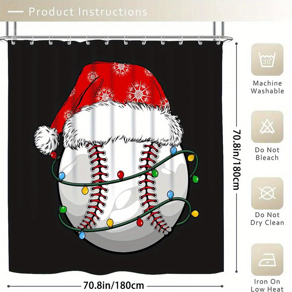 Baseball-Themed Christmas Shower Curtain Set With 12 Hooks - Polyester, Non-Slip Bath Mat, U-Shaped Toilet Mat & Lid Cover