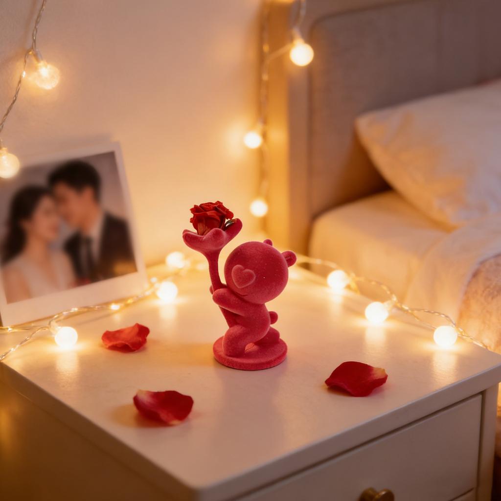 Valentine's Day Bear Figurine | Decorative Animal Art Flocked Desktop Ornament