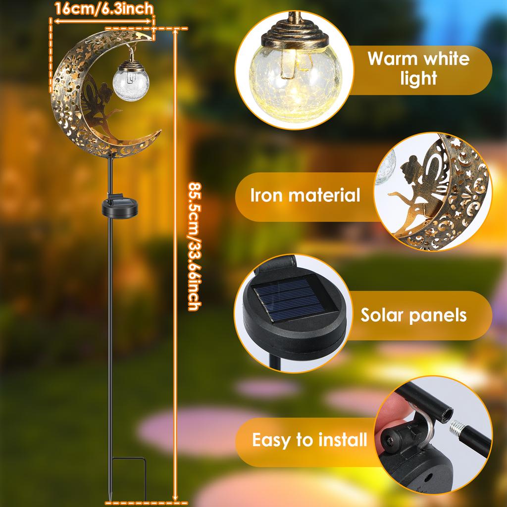 Garden Solar Moon Fairy Lamp Waterproof Outdoor Walkway Lights LED Metal Stake Ornament for Walkway Yard Lawn Patio Garden Decor
