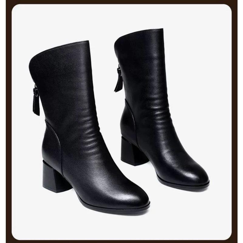 Mid-Stiefel für Damen Herbst und Winter Neuer Stil mit Plüsch und dicken Absätzen Weich besohlte Damenstiefel