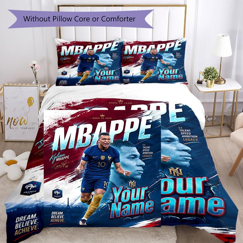 3pcs Custom Name MBAPPE Football Legend Printed Bedding Set Duvet Cover Closure Includes 1 Duvet Cover & 2 Pillowcases, Soft and Comfortable for All S