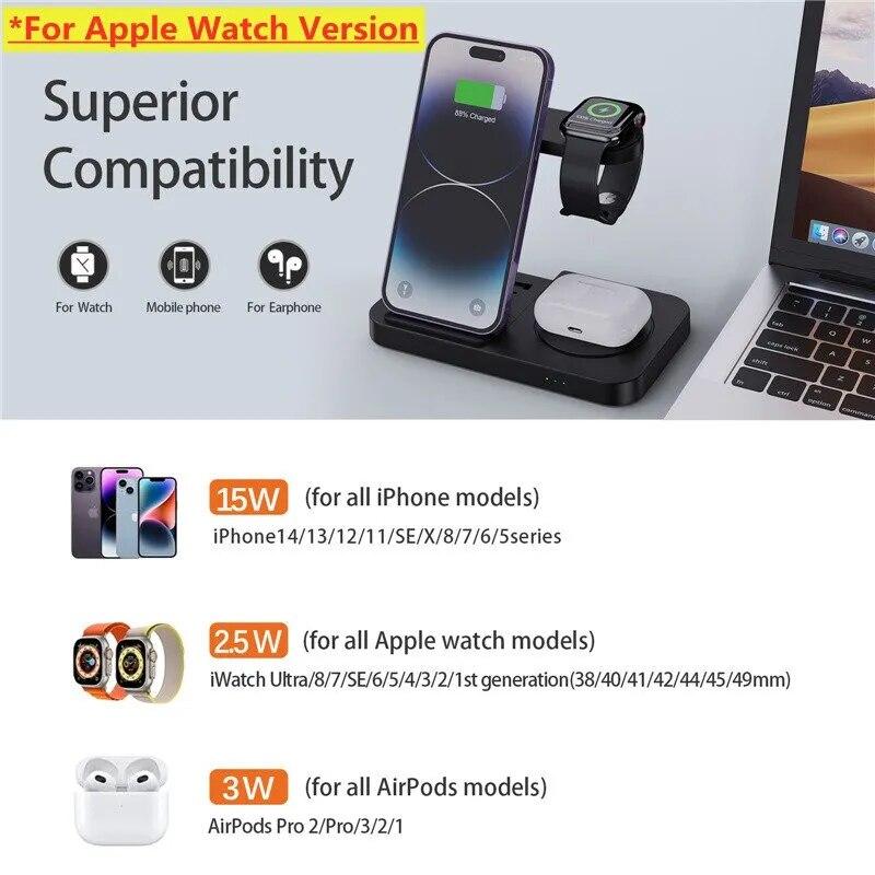 4-in-1-Wireless-Ladestation für iPhone 15, 14, 13, 12, Apple Watch, Samsung S22 Ultra Note, Galaxy Watch, faltbare Schnellladestation