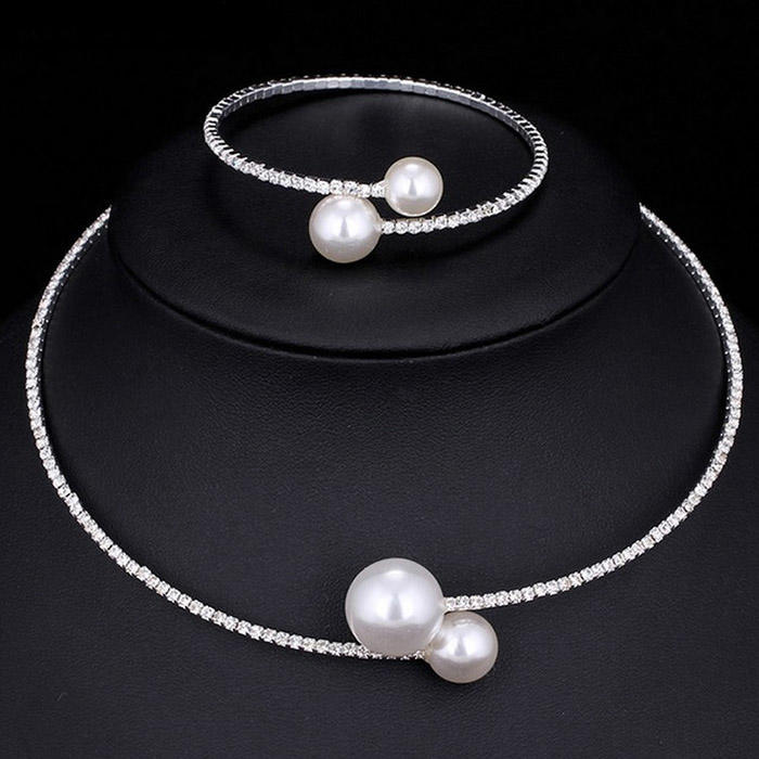 Wedding Necklace and Bangle Set Imitation Pearl Decor Full Rhinestones Jewelry for Ladies and Mother Decoration