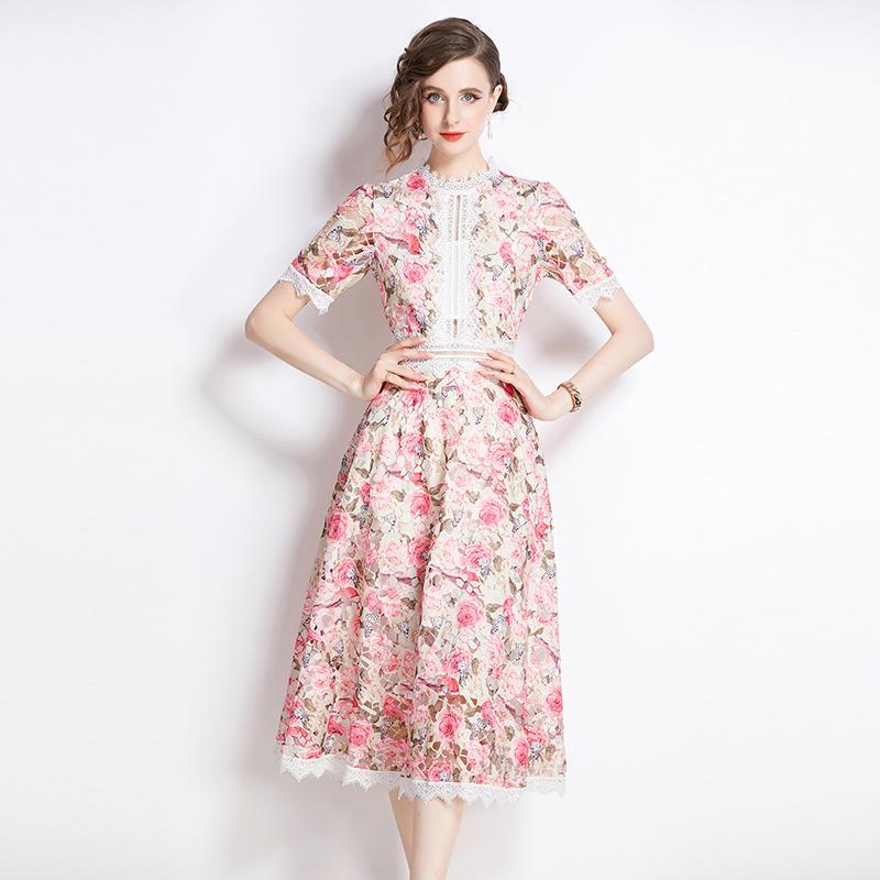 Elegant Floral Print Lace Summer Dress for Women High Quality Hollow Out Short Sleeve Slim Party Dress Robes Femme