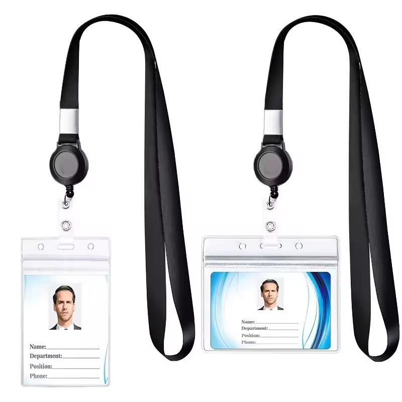 1PC Card Holder Transparent Card Sleeve with Retractable Hang Rope Vertical/Horizontal Available Work Cards Storage Supplies ZYF