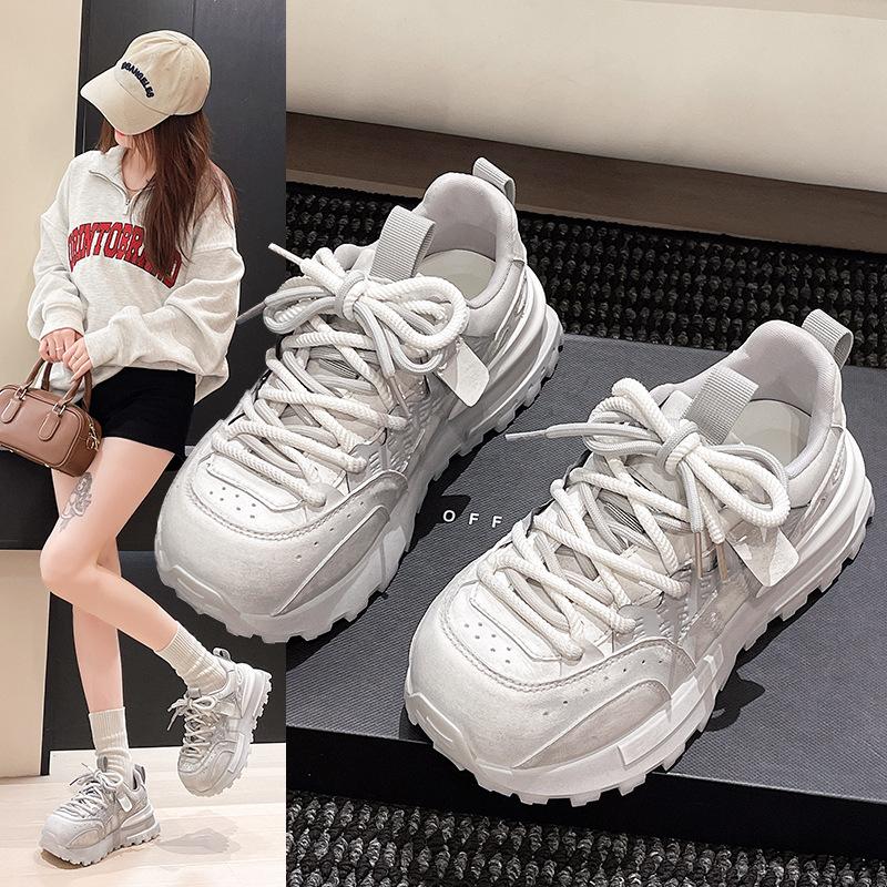 2025 Autumn New Korean Version Ins Retro Polished Leather Dad Shoes Thick-soled Round Head Lace-up Comfortable Versatile Forrest Gump Shoes