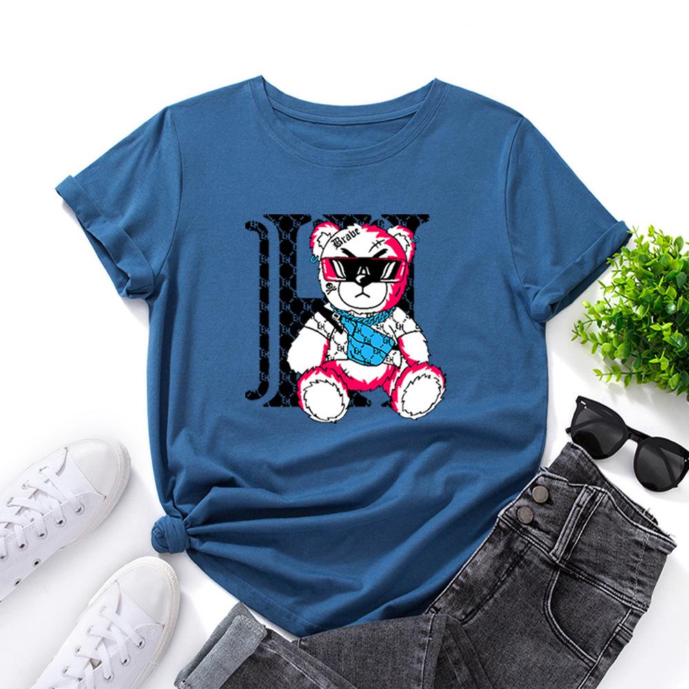 Cartoon Bear Cotton T-Shirt Short Sleeve Round Neck Women 2d Print Tops