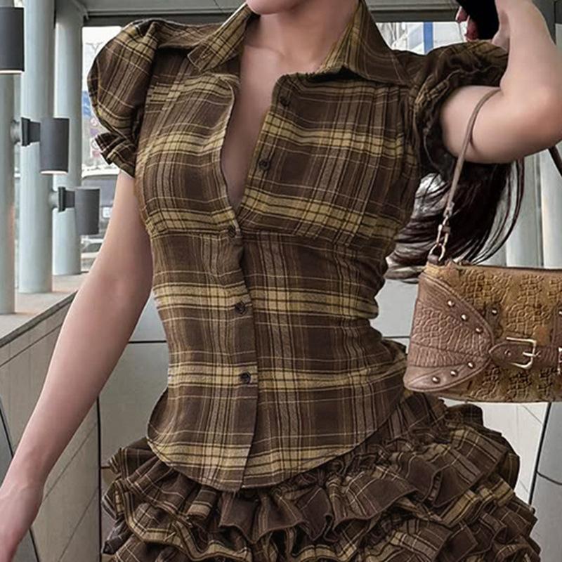 European and American college style retro plaid contrasting bubble sleeves slim slim lapel breasted short-sleeved shirt T-shirt