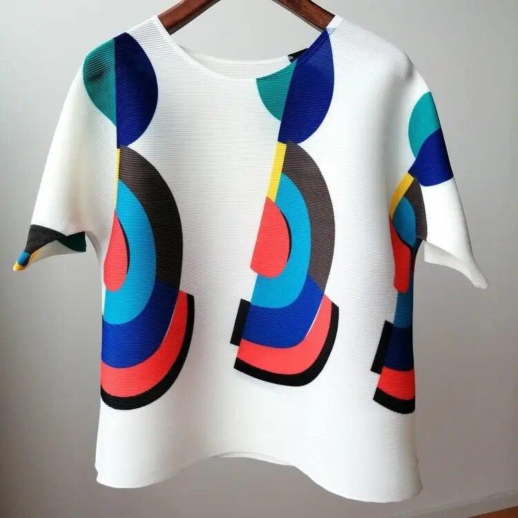 Plissee Mode Temperament dünne große Größe Druck Kurzarm lose T-Shirt Sommer neue wilde O-Ausschnitt T-Shirt weißes Top