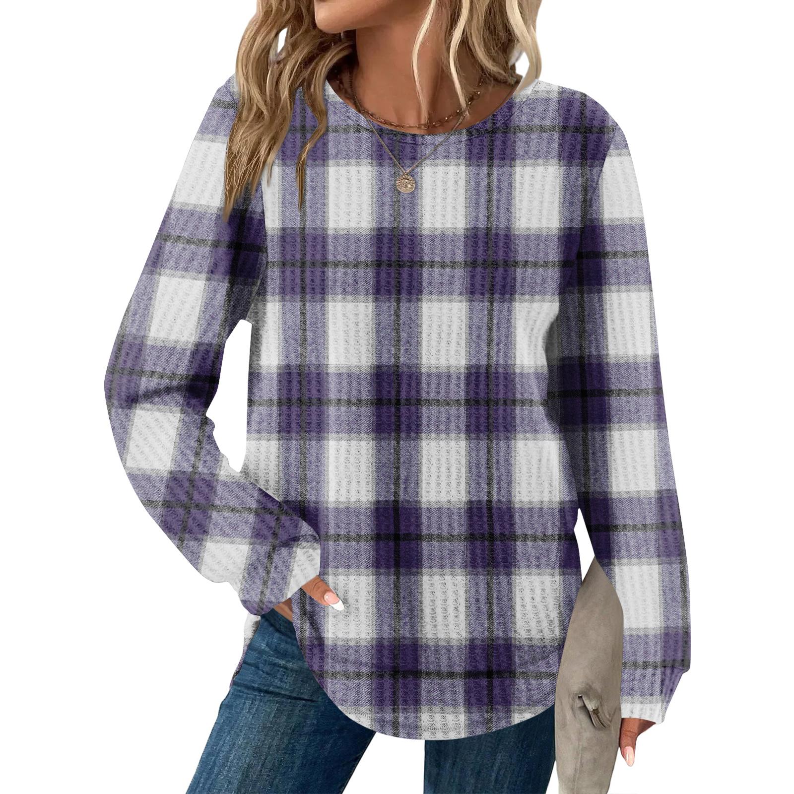 

Женский повседневный топ свободного кроя с круглым вырезом и длинными рукавами в клетку XL фиолетовый