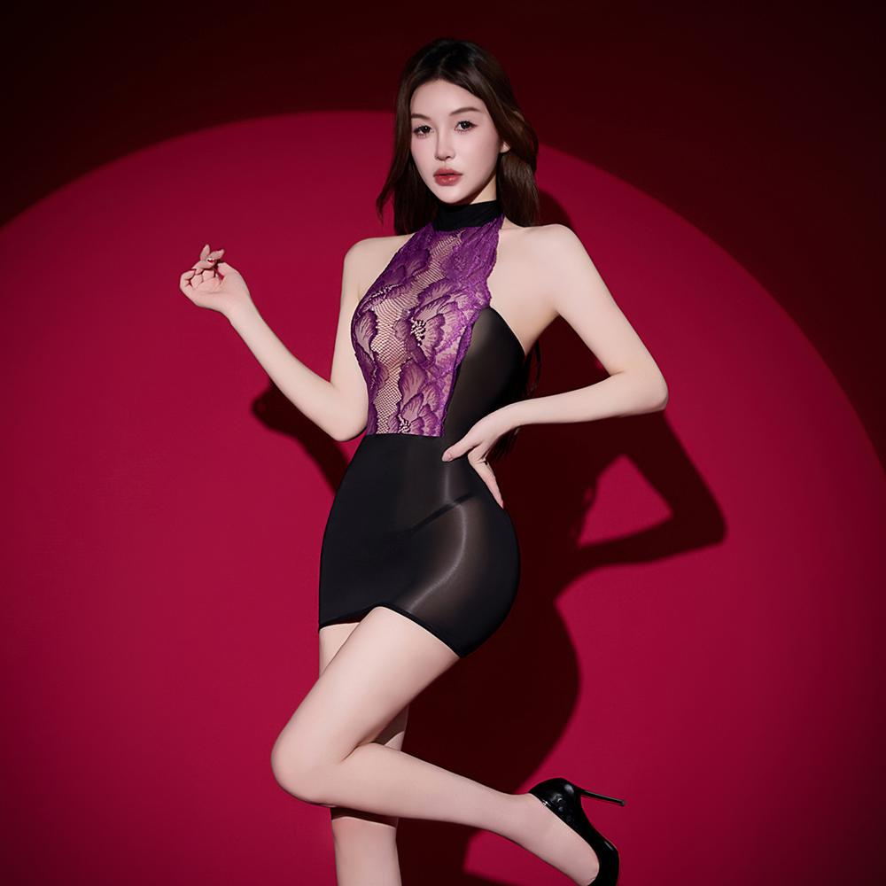 Sexy Women Lace Backless Tights Dress 6D 912 Pin Oil Shiny Glossy Mini Pencil Dresses Sheer See Through Maid Dress Patchwork