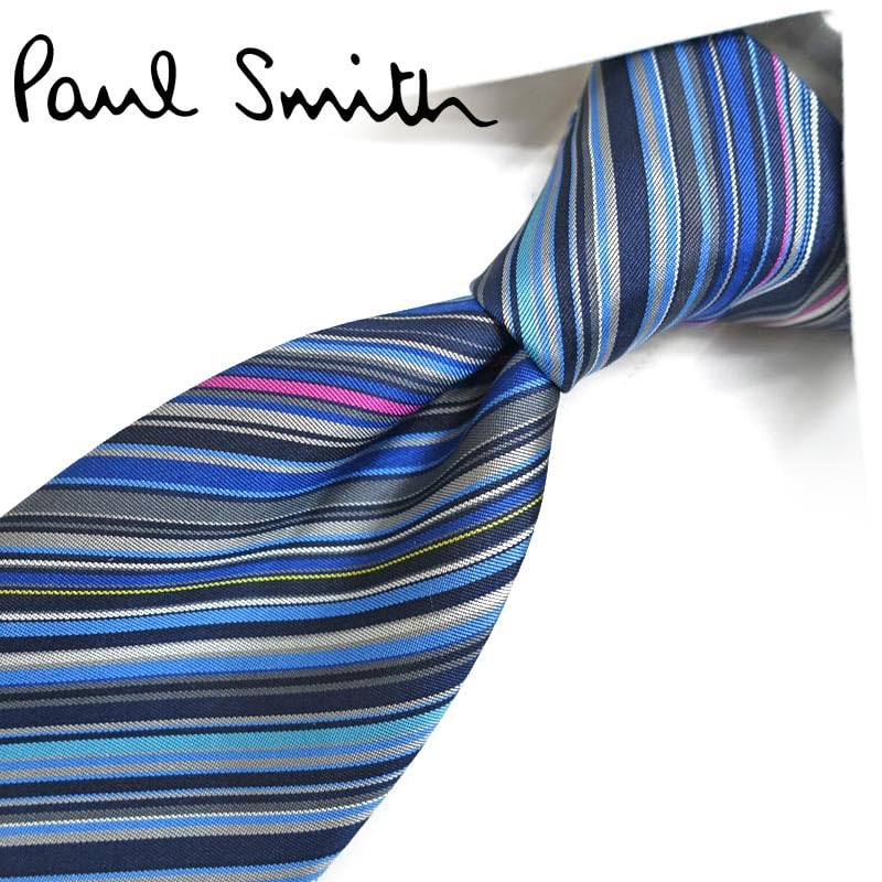 Necktie Gift Paul Smith Tie with Paul Smith Case Carry Bag PS2 Gift Wrapping [Brand Set] Ribbon, & (REDROSE Original) Navy/Blue Multi-Stripe (Gift,