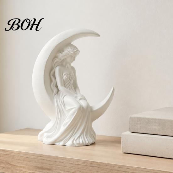 Eco Friendly PLA Statue Moon Girl Figurine, 3D Printed Mystical On Crescent Small for Tabletop Statue, Collectible Sculpture Bedroom Shelf Decor