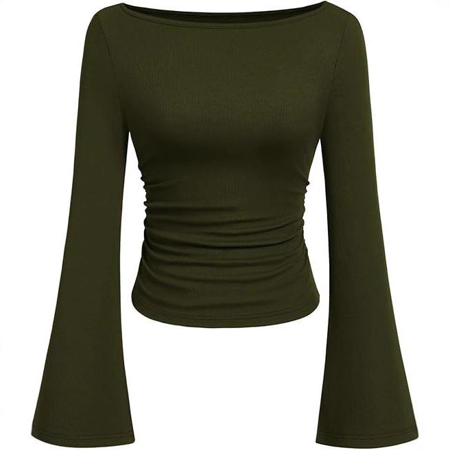 2025 Autumn Women's Solid Color Boat Neck Bell Sleeve Slim Fit Ruched Long Sleeve Top