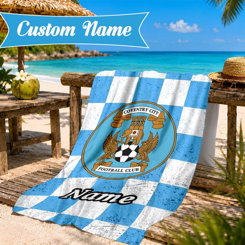 Custom Name Beach Towel Coventry Football Club Crest Microfiber Beach Towel, Lightweight for Summer Travel, Swimming Pool Fan Birthday Gift