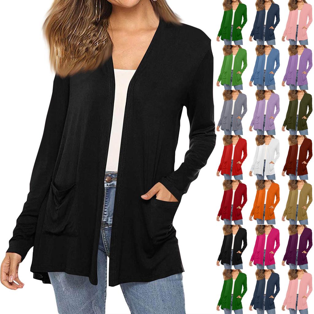 Women's Fashion Solid-Colour Long-Sleeved Pocketed Slim-Fit Cardigan Jacket