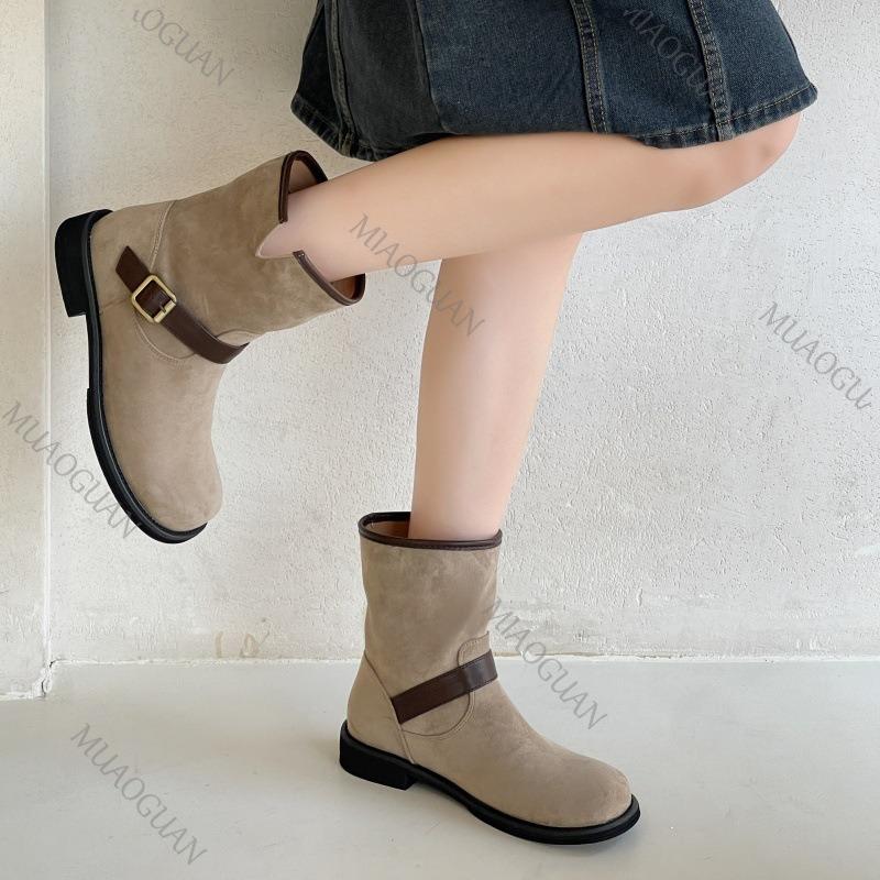 Fashion Retro Frosted Boots for Women Autumn Fashion Round Head Slip on Low Heeled Short Botas Suede Temperament Elegant Women's Shoes