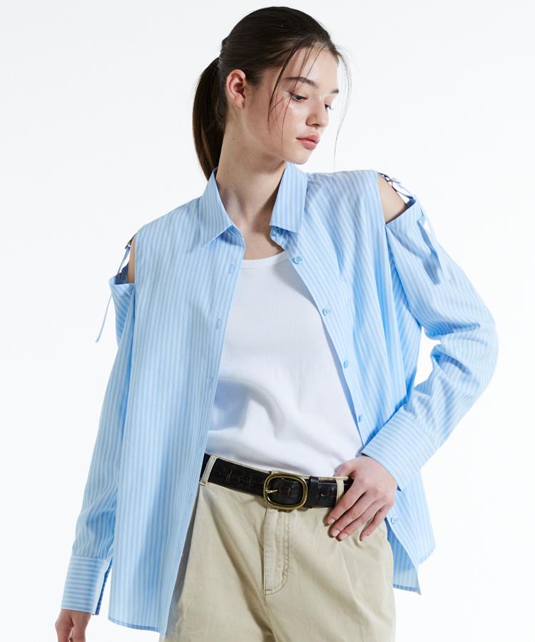 Burkeru Women S Cotton Off-Shoulder Striped Shirt Blue Blue_F