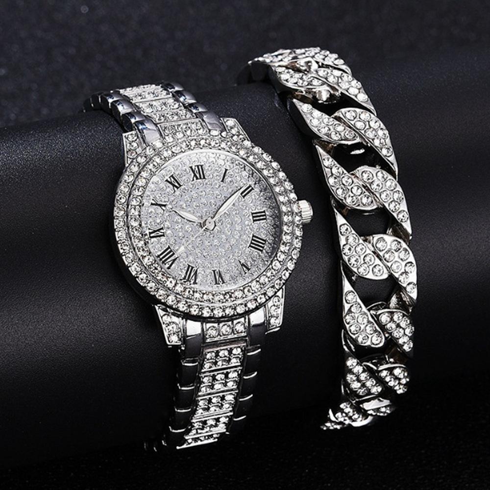 

Full Diamond Roman Literary Steel Belt Watch Female Gypsy Temperament Business Quartz Watch Hip Hop Wind Full Diamond Bracelet Set Bulk price
