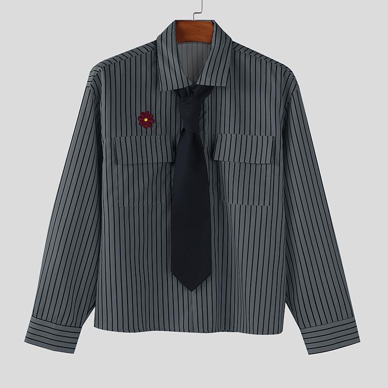 INCERUN Oversized College Style Men Turn-down Collar Tie Long Sleeve Striped Casual Shirts