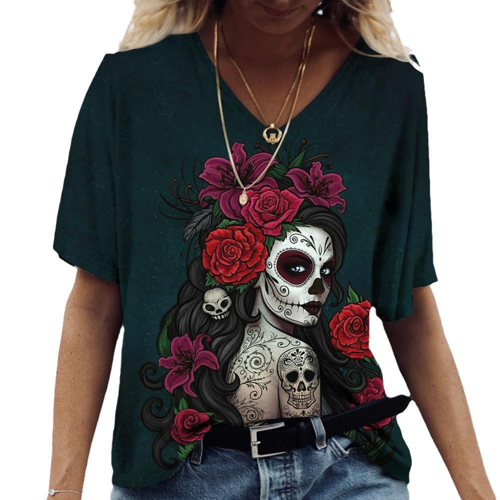 

Женская футболка в уличном стиле, серия Хэллоуин, 3D-принт, короткий рукав, повседневная, универсальная, с V-образным вырезом, женская одежда 8XL