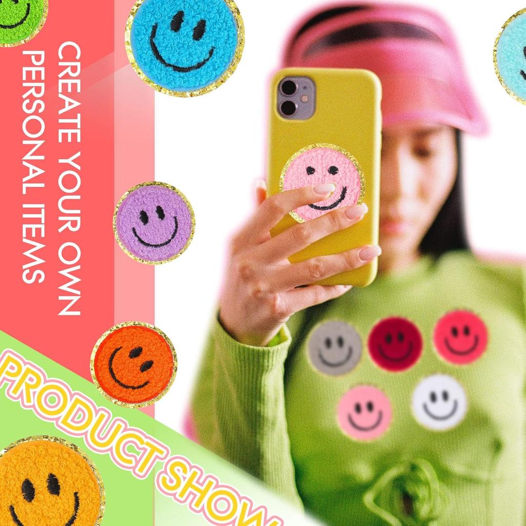 72 Pcs Self Adhesive Smile Face Patch Chenille Patches Colorful Cute Happy Face Chenille Patch Applique for Clothing Fabric Jackets DIY Mobile Phone