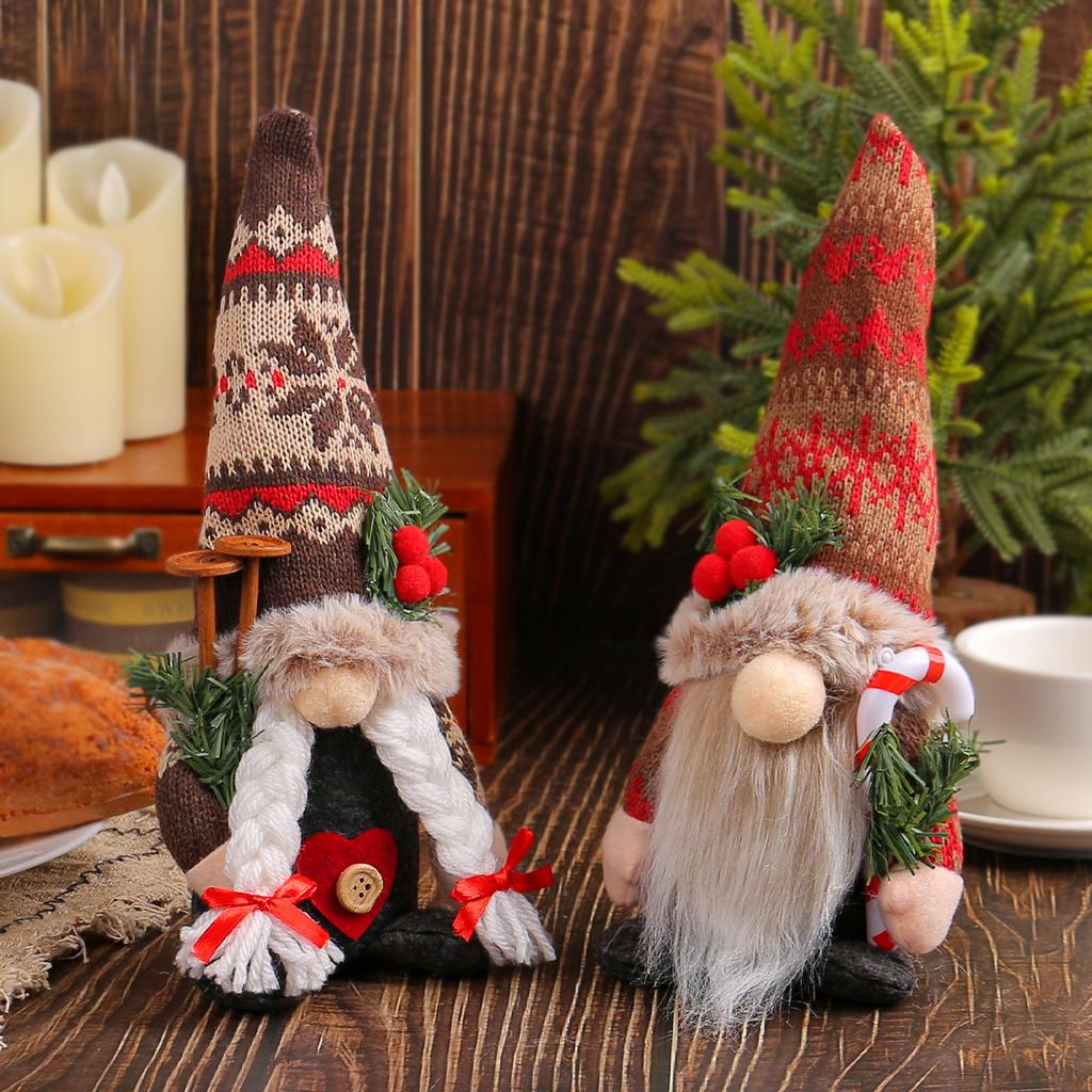 Knitted Pointed Hat Doll Ornament Christmas Creative Holding Cane Rudolf Faceless Doll Decoration Holiday Atmosphere Supplies