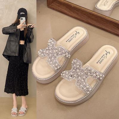 Summer Flat-bottomed Slippers Sweet One-word Commuting Will Drag Rhinestones Thick-bottomed Comfortable Versatile Summer Fashion Slippers