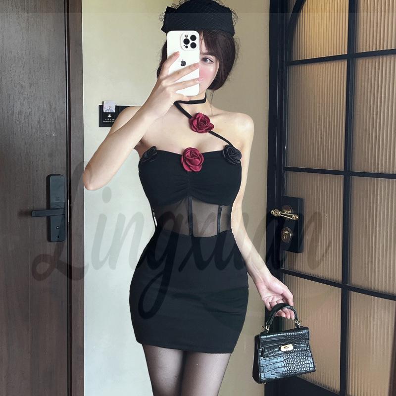 Elegant Halter Neck Floral Bandeau Bodycon Dress - Slim-Fit, High-Waisted, Pleated Style Medium чёрный