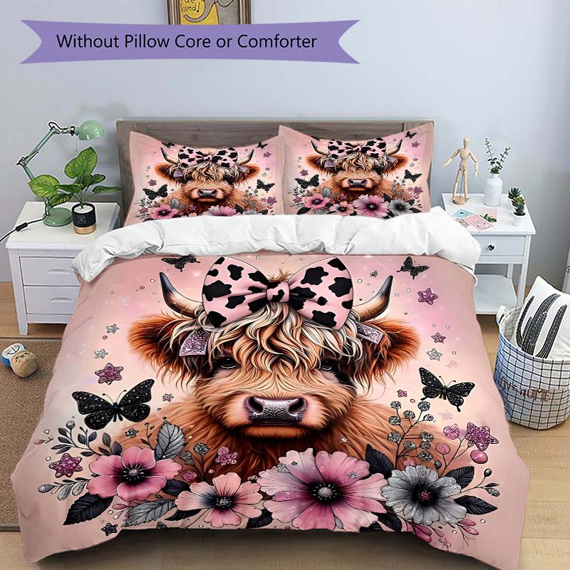

3pcs Domineering Cow & Flower Design Pattern Bedding Set, 1* Cover + 2*Pillowcases, Printed Bedding Set, Soft and ComfortableM051 135x200cm